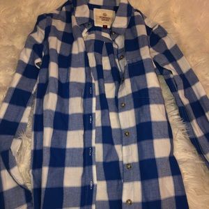 blue and white flannel button up